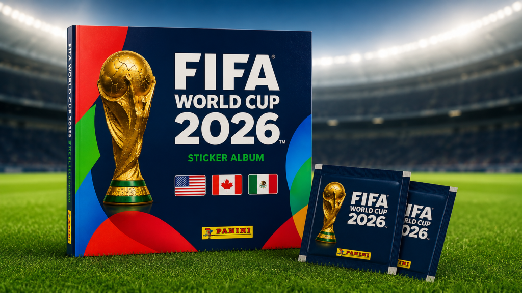 FIFA World Cup 2026 sticker album and sticker packs on a football-themed table