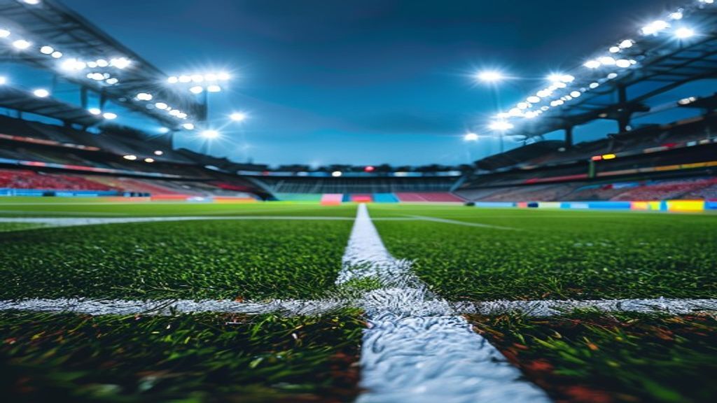 Editorial graphic illustrating a sports news quiz with football and stadium lighting elements.