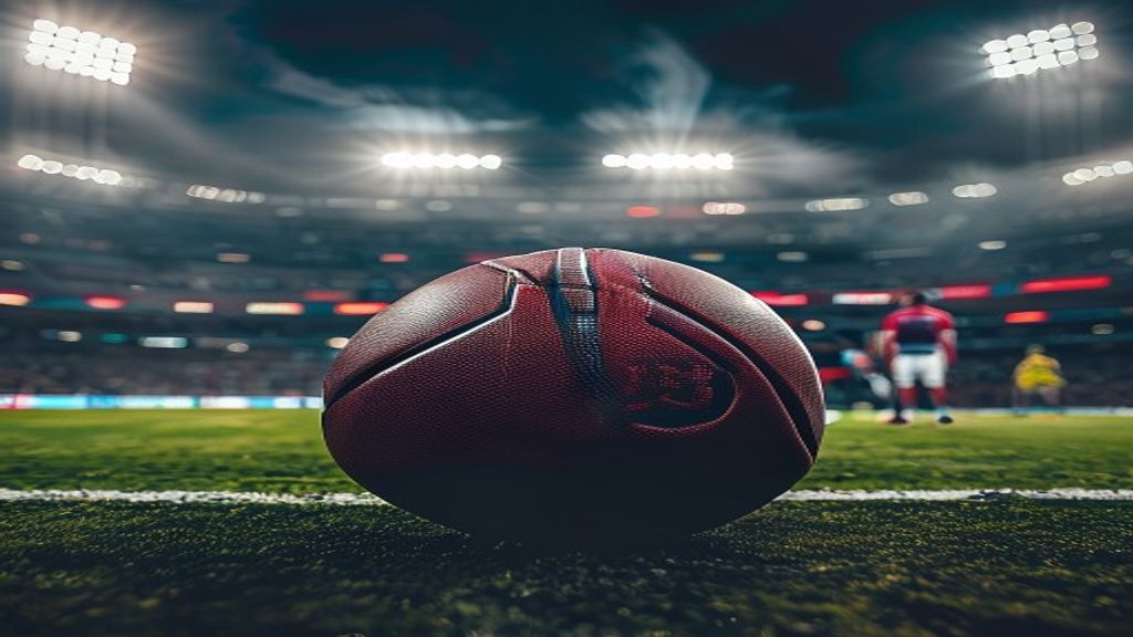 Editorial visual concept showing a stylized rugby player carrying a ball under stadium lights