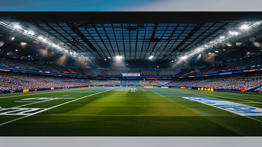 A modern sports stadium illuminated at night representing the global sports business industry.
