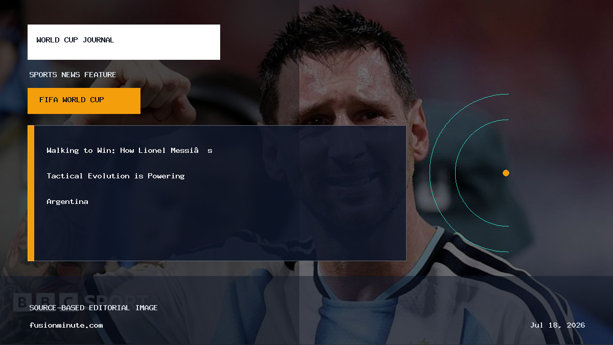 Lionel Messi walking on the pitch during a World Cup match, looking focused.