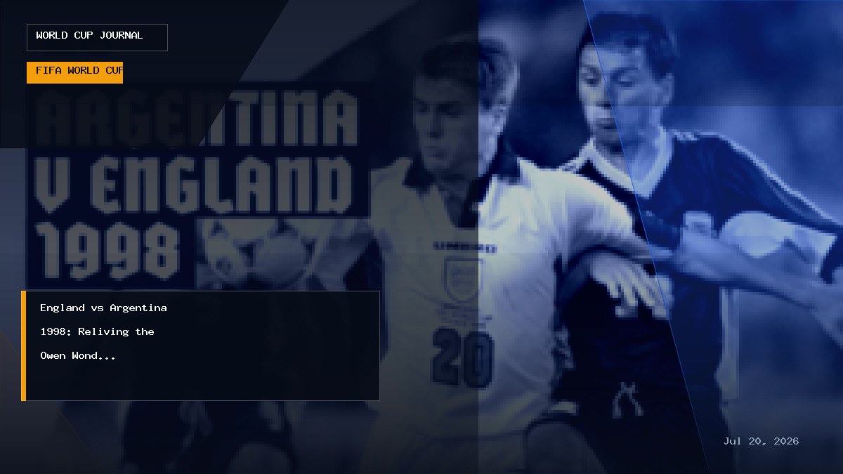 Graphic illustration of the 1998 World Cup match between England and Argentina, highlighting the dramatic moments.