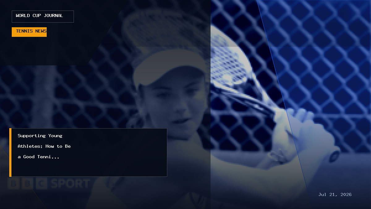 A supportive parent talking to a young tennis player on a court.