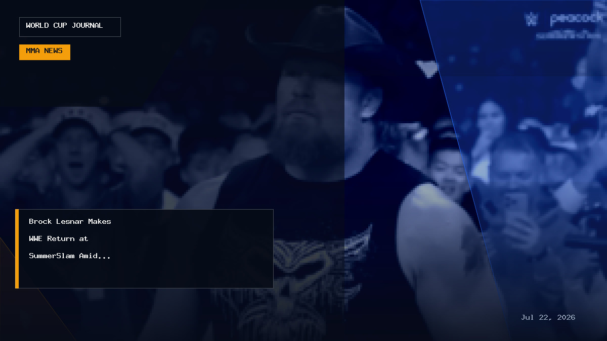 Editorial news graphic representing Brock Lesnar's controversial return to WWE at SummerSlam