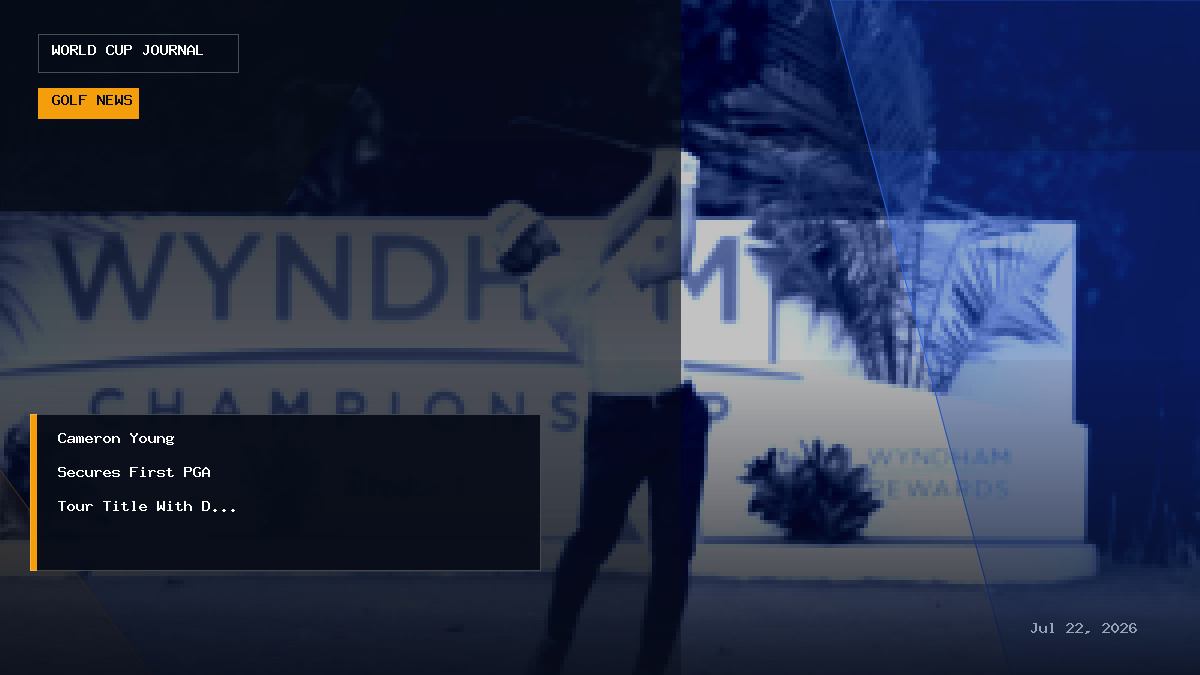 Editorial graphic illustrating Cameron Young celebrating his first PGA Tour victory at the Wyndham Championship