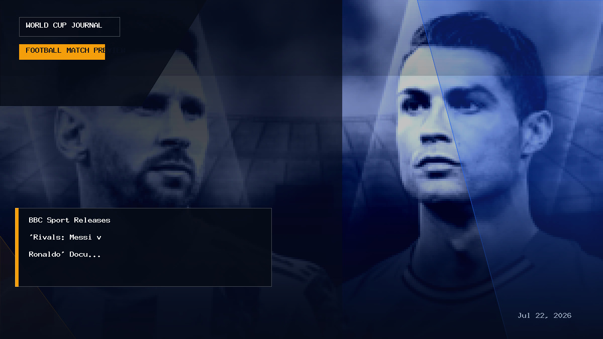 Split vector artwork featuring silhouettes of Lionel Messi and Cristiano Ronaldo