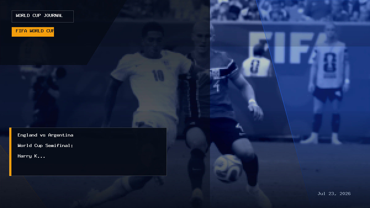 World Cup semifinal graphic featuring England and Argentina flags alongside Harry Kane and Lionel Messi graphics