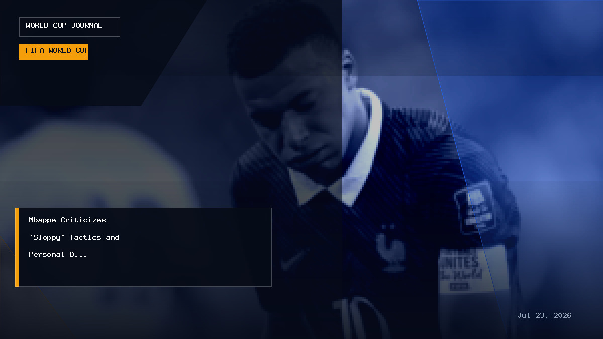 Editorial graphic showing Kylian Mbappe reacting after France's World Cup semifinal exit against Spain.