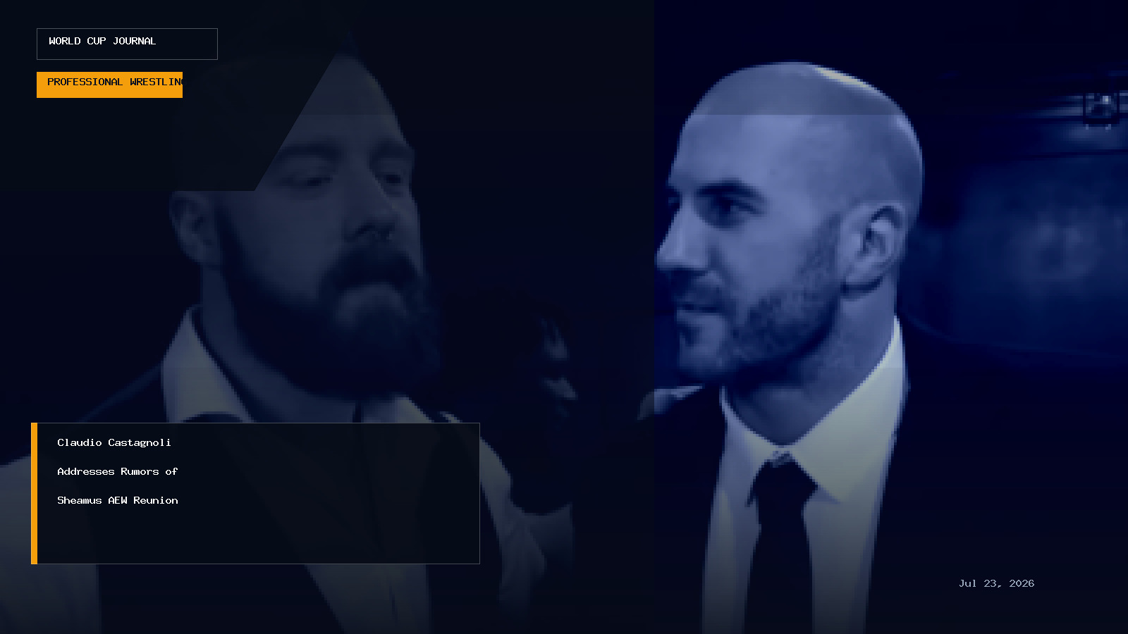 Editorial visual illustrating professional wrestling news regarding Claudio Castagnoli and Sheamus reunion rumors
